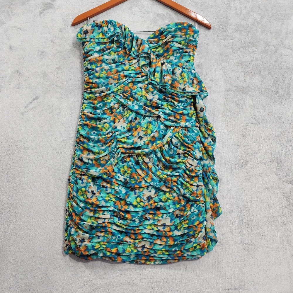 Maxandcleo Dress Womens 6 Blue Multicolor Strapless Ruched Ruffle Bodycon Party